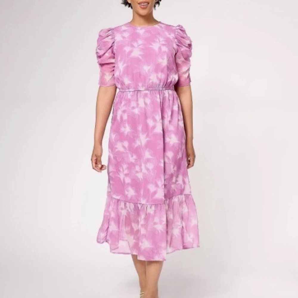 Destination 365 Dress Womens XL Petite Rose Floral Chiffon Midi Puff A614504
